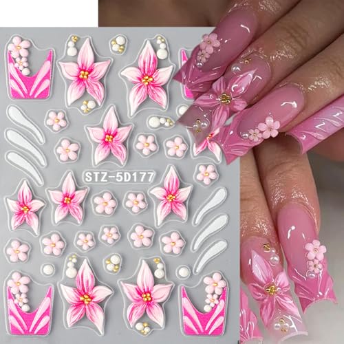 5D Embossed Flower Nail Stickers - 3 Sheets Blue & Pink Spring Floral Decals