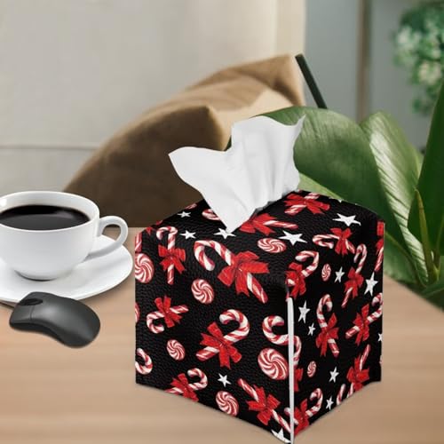 Doginthehole Red Candy Cane Tissue Box Cover PU Leather Square Holder with Belt Bottom, Christmas Decor