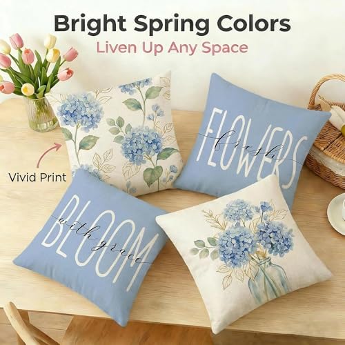 Blue Hydrangea Floral Throw Pillow Covers 18x18 Set of 4 - Durable Spring Home Decor