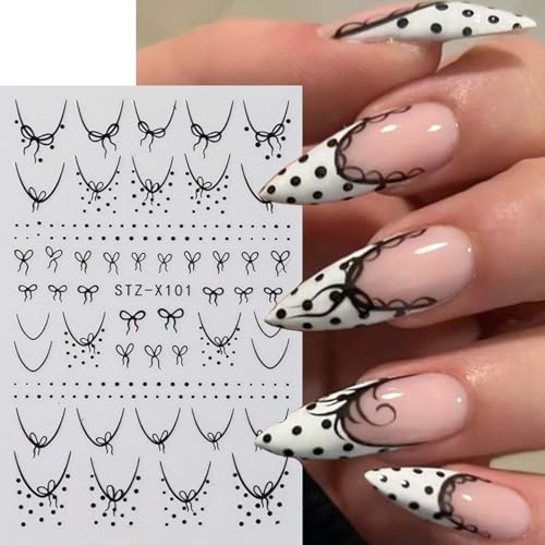 French Nail Stickers 6 Sheets Self-Adhesive Red Black Bow Heart Decals