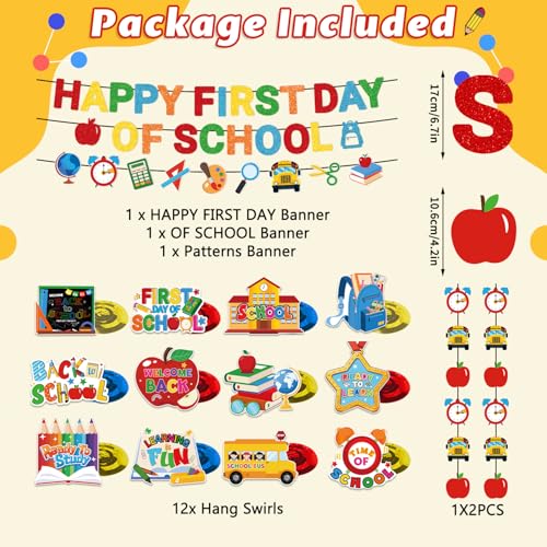 First Day of School Decorations Set | 17pcs Glitter Banner & Swirls