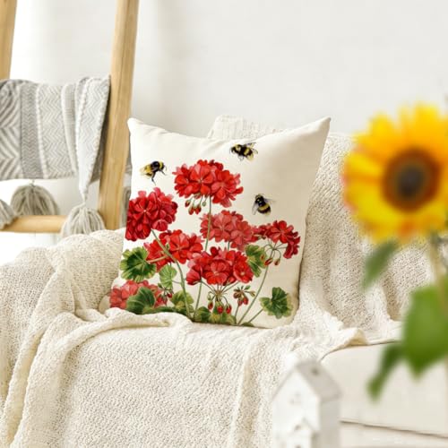 RABUSOFA Waterproof Outdoor Pillow Cover 20x20 Red Geranium & Bees Spring Summer Decor