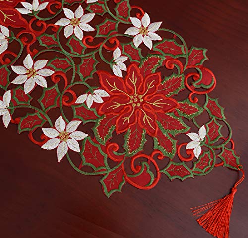 Simhomsen Christmas Poinsettia Embroidered Table Runner 13x72 Inch - Holiday Decor