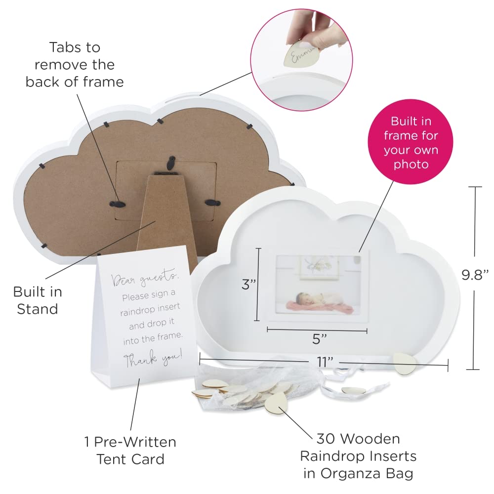 Kate Aspen Baby Shower Guest Book Cloud Frame with Wooden Rain Drops Guestbook Alternative, Nursery Decor, Baby Shower Decorations, Sonogram Picture Frame