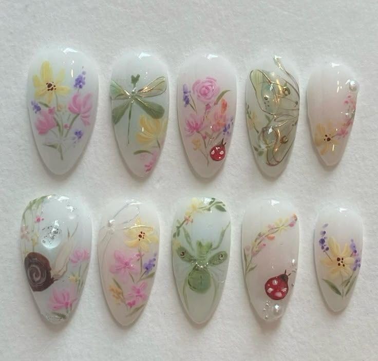 Press On Nails Medium Almond Floral False Nails with 3D Pearls