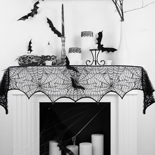 Halloween Black Lace Spiderweb Mantel Scarf - 18x96 Inch Decor