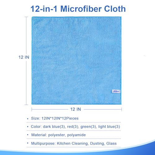 ovwo Microfiber Cleaning Cloths, 12-Pack, 12" x 12" Absorbent Lint-Free Towels