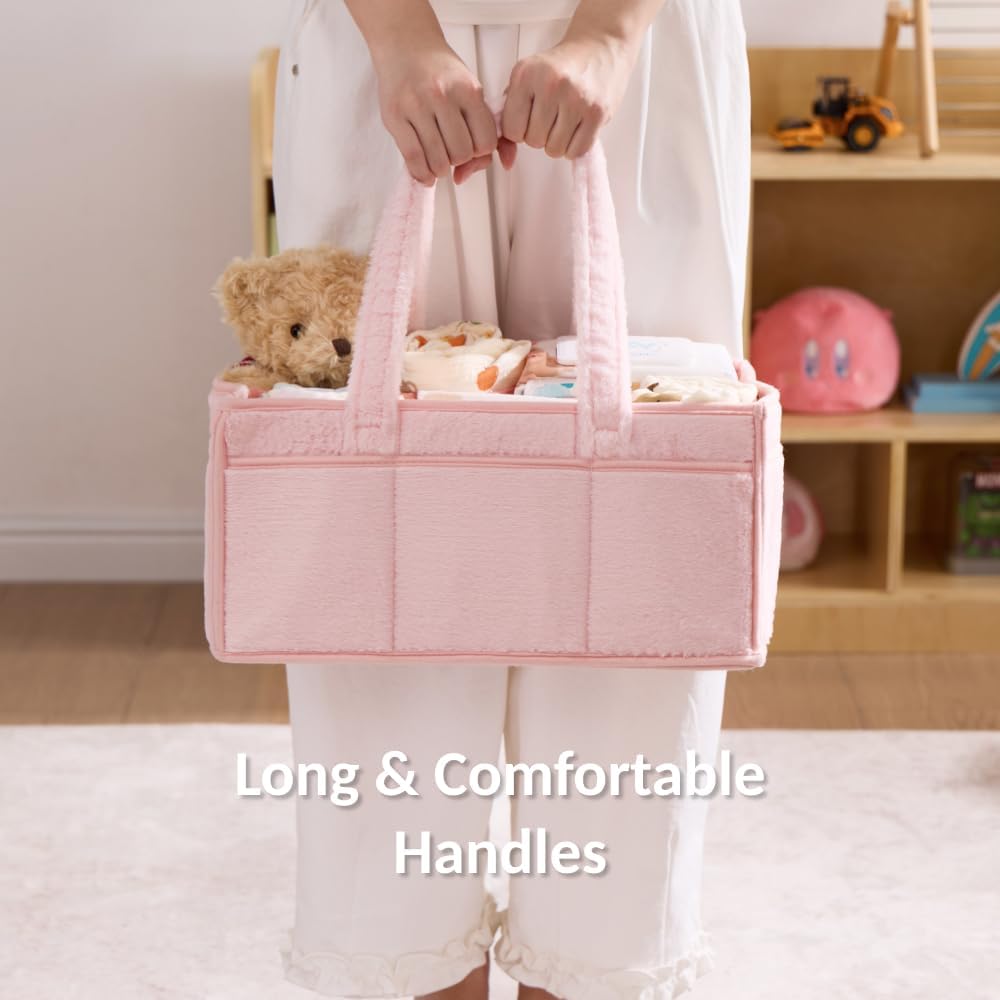 Skiennix Soft Baby Diaper Caddy Organizer - Portable Nursery Storage Basket with Removable Divider | Light Pink