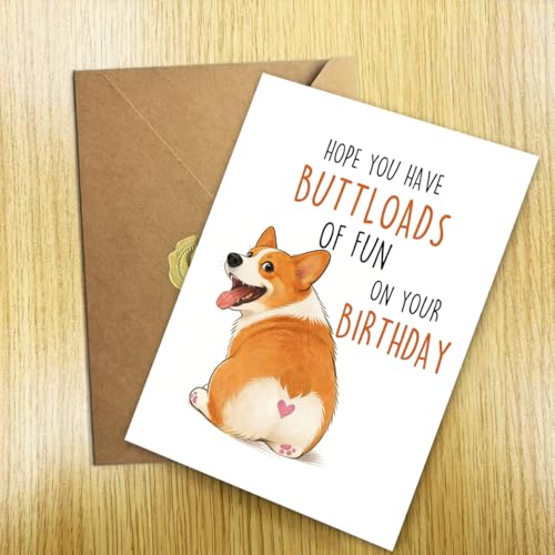 Funny Corgi Birthday Card with Kraft Envelope & Gold Seal