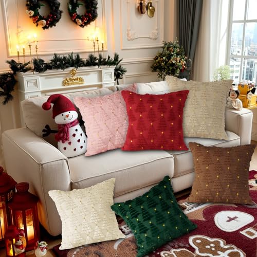 Christmas 12x12 Throw Pillow Covers Set of 2 Pink Winter Star & Tree Plush Faux Fur