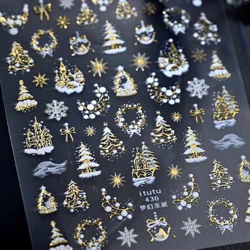 TailaiMei Embossed Christmas Nail Decals Gold Xmas Tree Snow Stickers