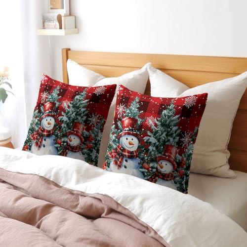18x18 Inch Snowman Pillow Covers Set of 2 Red Check Christmas Holiday Decor