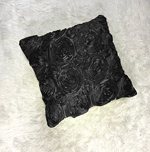 iMaylex Black Satin Rose Throw Pillow Covers, 16" x 16" (Set of 2)