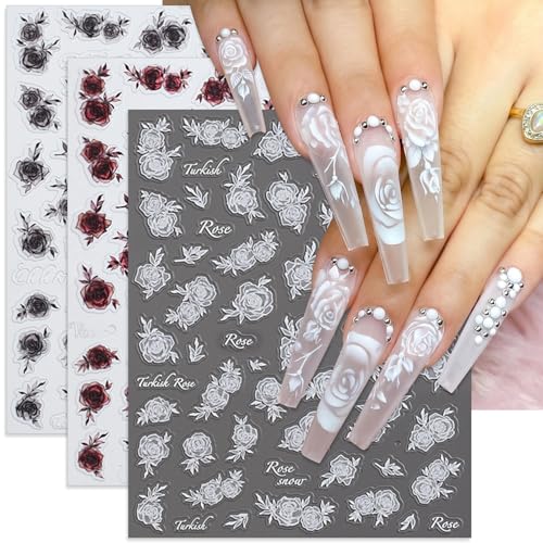 IDDFEVE Rose Floral Nail Stickers Semi-Transparent Flower Decals 3 Sheets