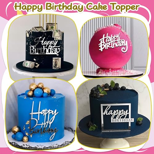 24PCS Silver Happy Birthday Cake Toppers | Mirrored Acrylic Decorations Set