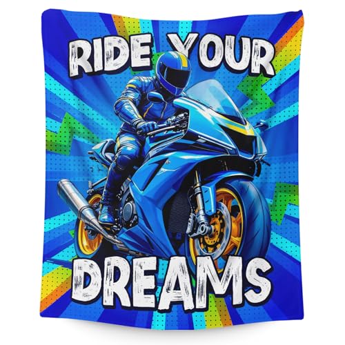 Motorcycle Flannel Throw Blanket for Boys, Soft 40x50 Inch Blue Bedding