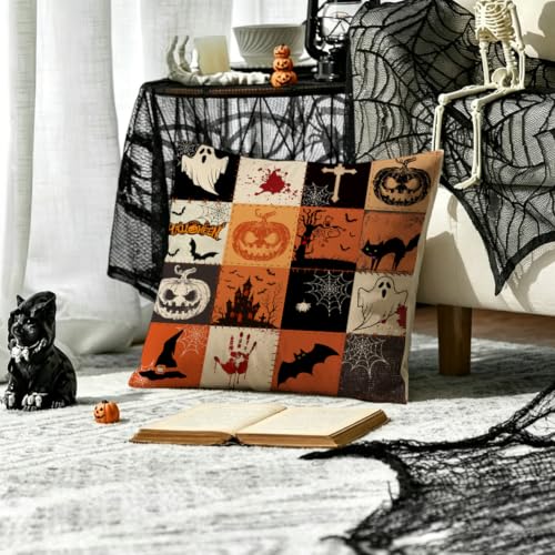 Halloween Pillow Cover 18x18 - Plaid Ghosts & Jack O'Lantern