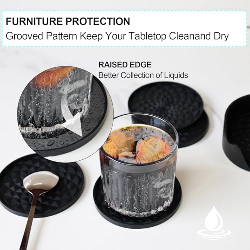 YUGUARD Black Silicone Coasters 6 Pack with Holders Non-Slip Drink Mats