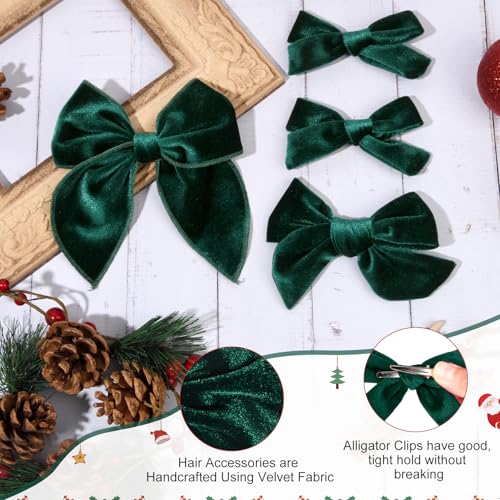 DEEKA Dark Green Velvet Hair Bows 4-Piece Set with Alligator Clips