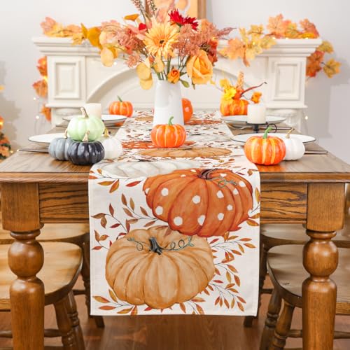 Fall Table Runner with Pumpkin Eucalyptus Design - 13x72 Inch Seasonal Decor