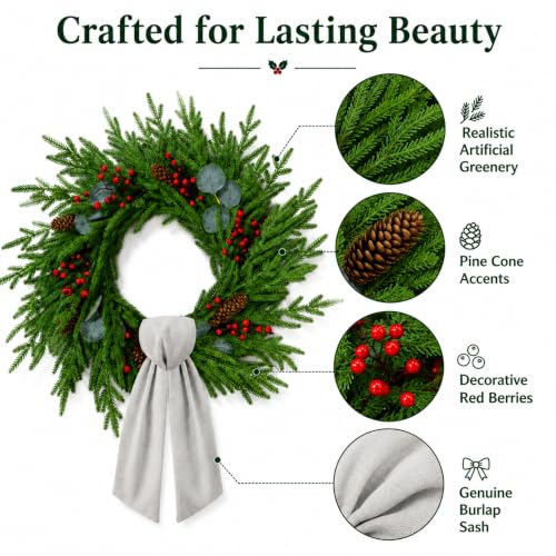 24 Inch Christmas Wreath for Front Door with Decorative Sash - Faux Norfolk Pine Berries & Pinecones - Farmhouse Holiday Decor - Red