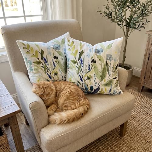 Sage Green Floral Velvet Throw Pillow Covers 18x18 - Set of 2