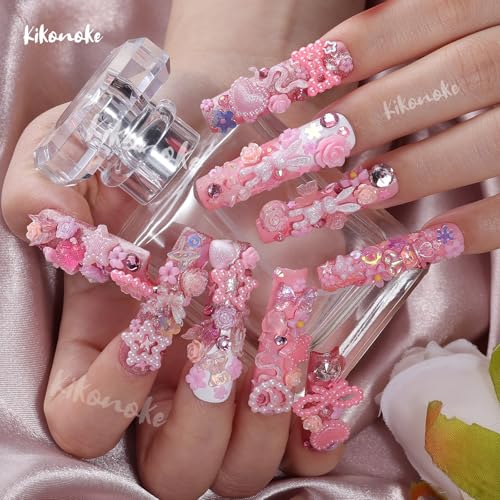 Kikonoke 400Pcs Pink Nail Charms Kit 3D Resin Gems & Rhinestones