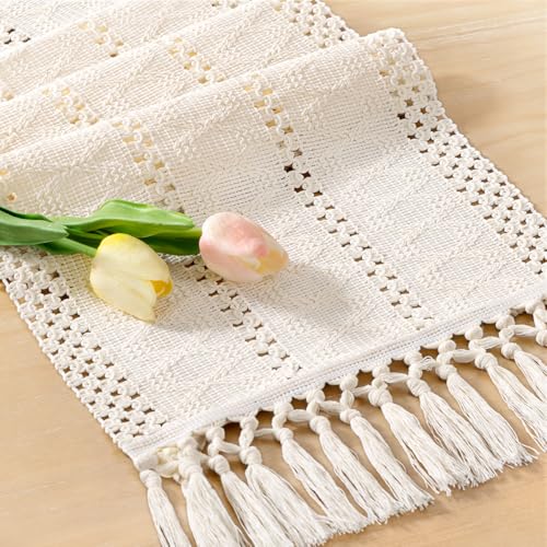 Boho Farmhouse Table Runner Fall Decor Cream 12x72 Inches - Rustic Home Accessory