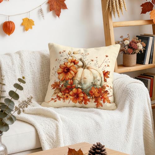 Fall Pillow Covers Set of 4 - 18x18 Inch Pumpkin & Leaves Design