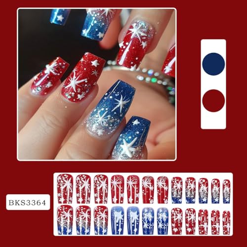 4th of July Press on Nails Medium Square Fake Nails Star Design