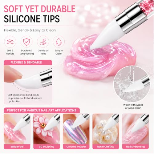 HHOOMY 5 Pcs Dual-Ended Silicone Nail Art Brushes with Crystal Handles