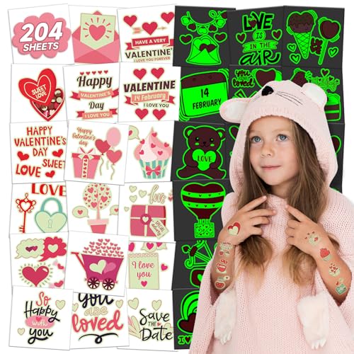EMOME 204 PCS Glow in the Dark Valentine Temporary Tattoos for Kids