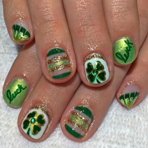 St. Patrick's Day Short Square Press On Nails with Rhinestones & Shamrocks