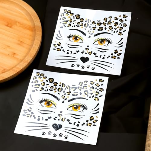 Leopard Face Temporary Tattoos 2-Sheet Halloween Fake Tattoos for Kids and Adults