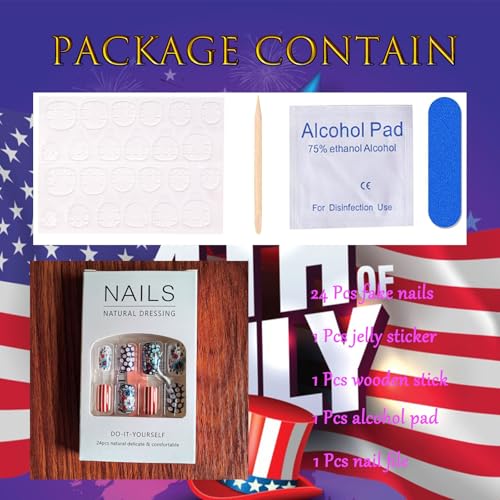 Independence Day Press on Nails Medium Square 4th of July Fake Nails 24 Pcs