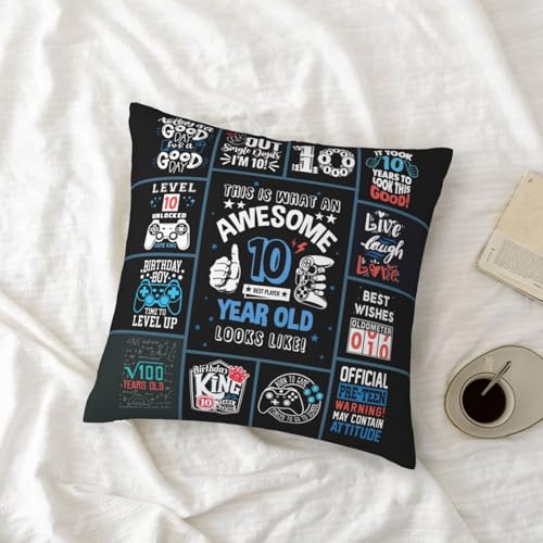 10th Birthday Gift for Boy 18x18 Inch Throw Pillow Cover, Black Design