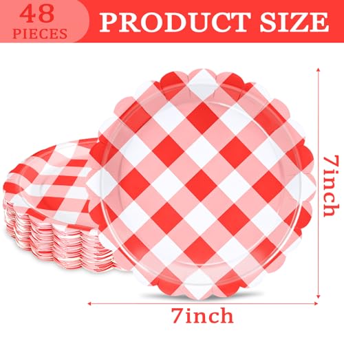 48 Pcs 7" Red Gingham Paper Plates, Disposable Checkered Party Tableware