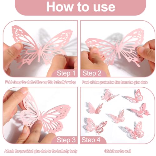84PCS 3D Pink Butterfly Wall Decals, Metallic Paper Butterfly Decorations