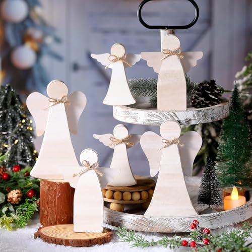 Christmas Angel Wooden Centerpiece Set - Rustic Farmhouse Holiday Decor - 6 Pieces, Variation: Angel