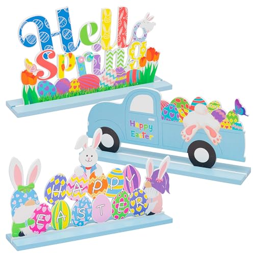 WATINC 3-Piece Wooden Easter Bunny Table Signs & Centerpiece Decor