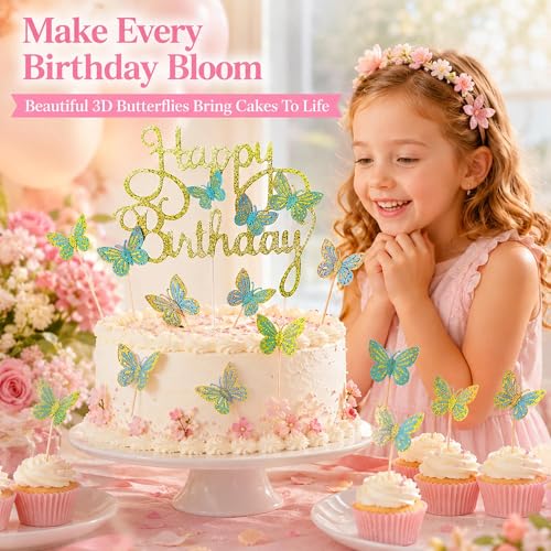 Happy Birthday Cake Toppers Set - 13 Pcs Butterfly & Glitter