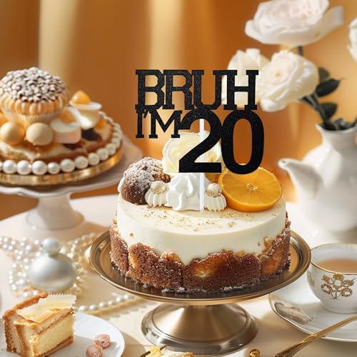 Black Glitter 20th Birthday Cake Topper - Bruh I'm 20 Decor