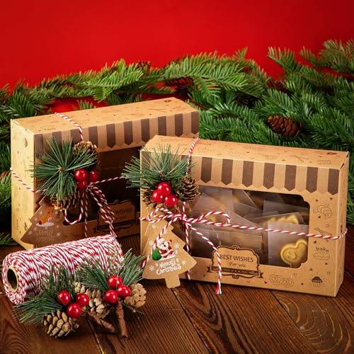 Christmas Cookie Gift Box Set with Pine Picks - 36 Pack Holiday Bakery Packaging