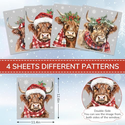 Christmas Window Clings Highland Cow Watercolor Holiday Decor Set - Reusable