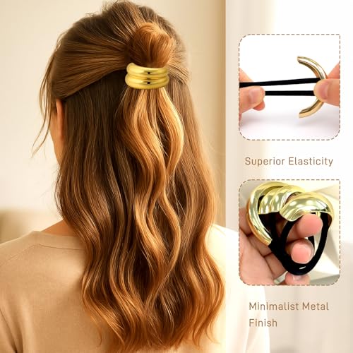 3PCS Gold Metal Hair Bands - Geometric Ponytail Cuffs for Thick Hair
