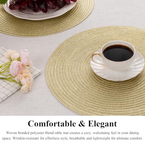 Set of 8 Gold Round Braided Placemats - 15 Inch Washable Table Mats for Dining & Holiday