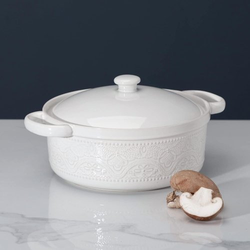 Fun Elements Casserole Dish - 2 Quart Lace Embossed Ceramic with Lid | Oven-to-Table Serving for Holidays
