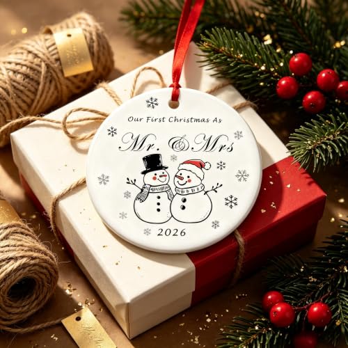 2026 First Christmas Mr & Mrs Snowman Ornament - Ceramic Wedding Keepsake