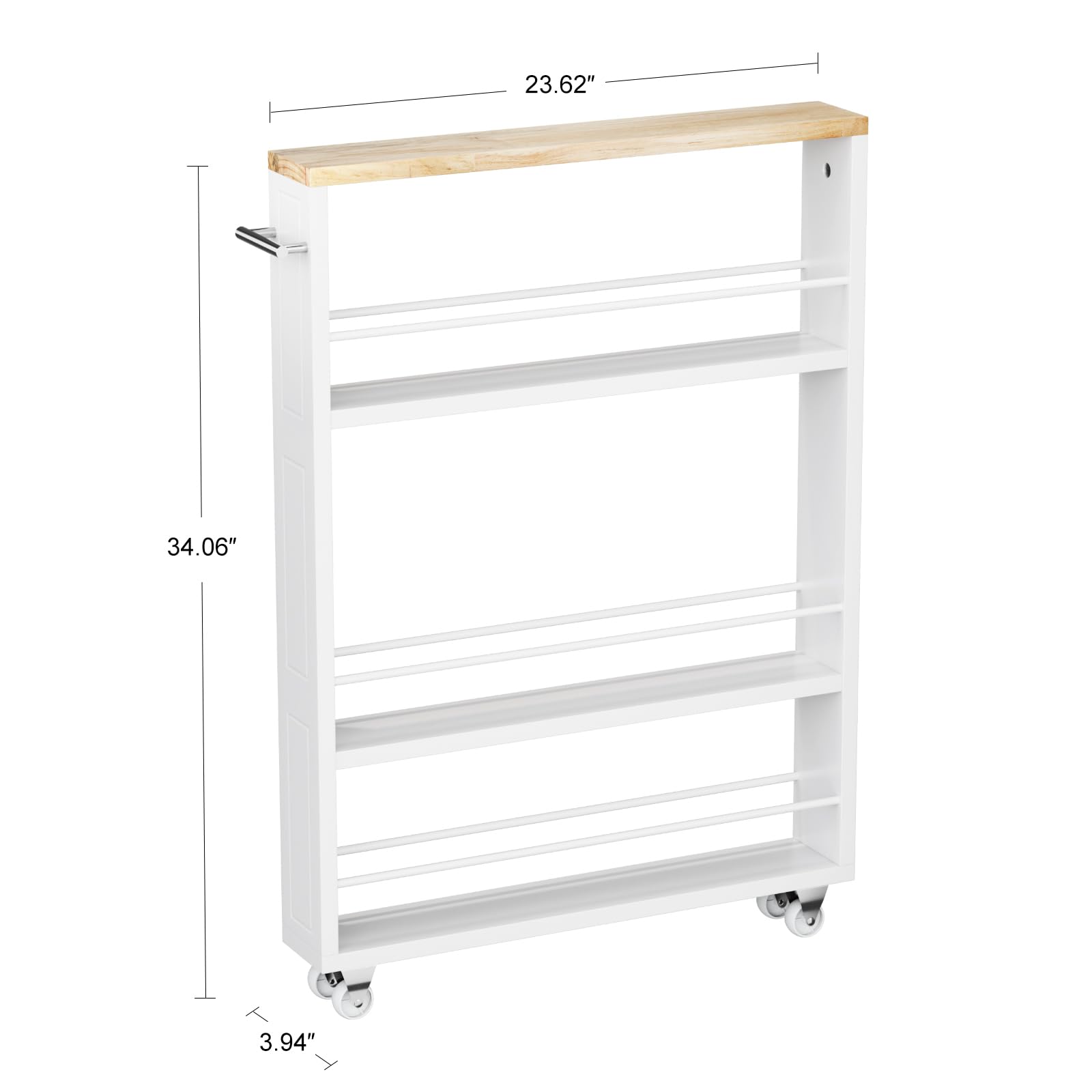 KLM 4 Tier White Slim Storage Cart with Handle, Slide Out Storage Rolling Utility Cart for Kitchen, Laundry, Narrow Places