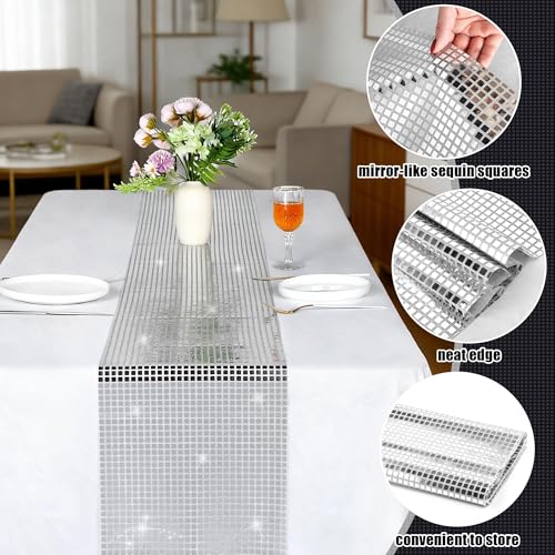 Aneco Silver Disco Party Table Runner 11x108 Inch Glitter Foil Decor